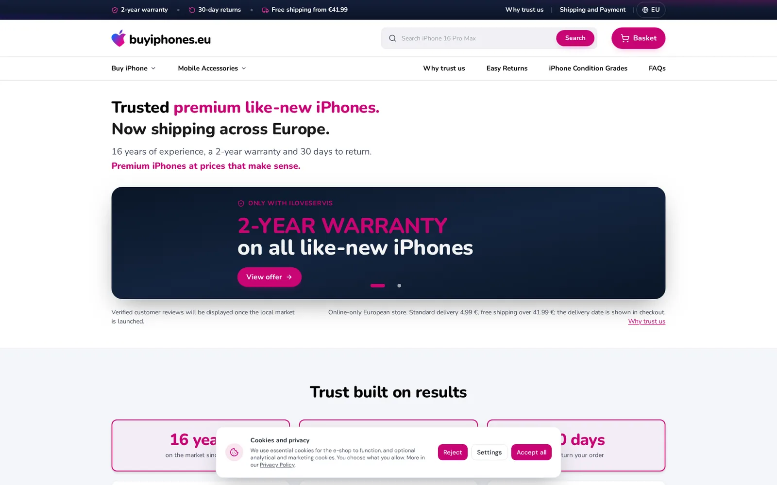 Homepage of the Buyiphones.eu website