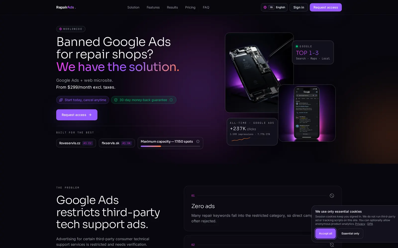 Homepage of the RepairAds website