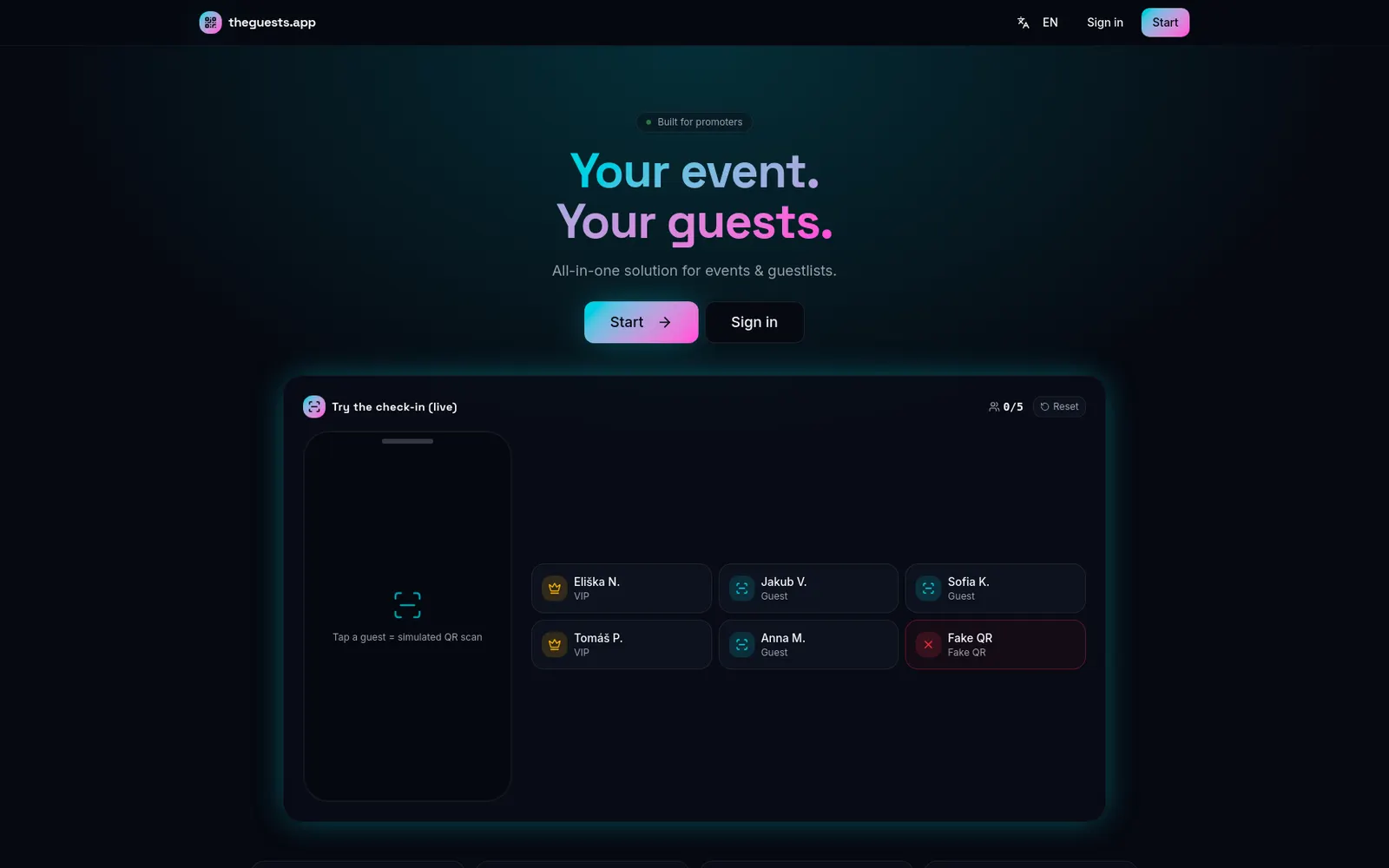 Homepage of the theguests.app website