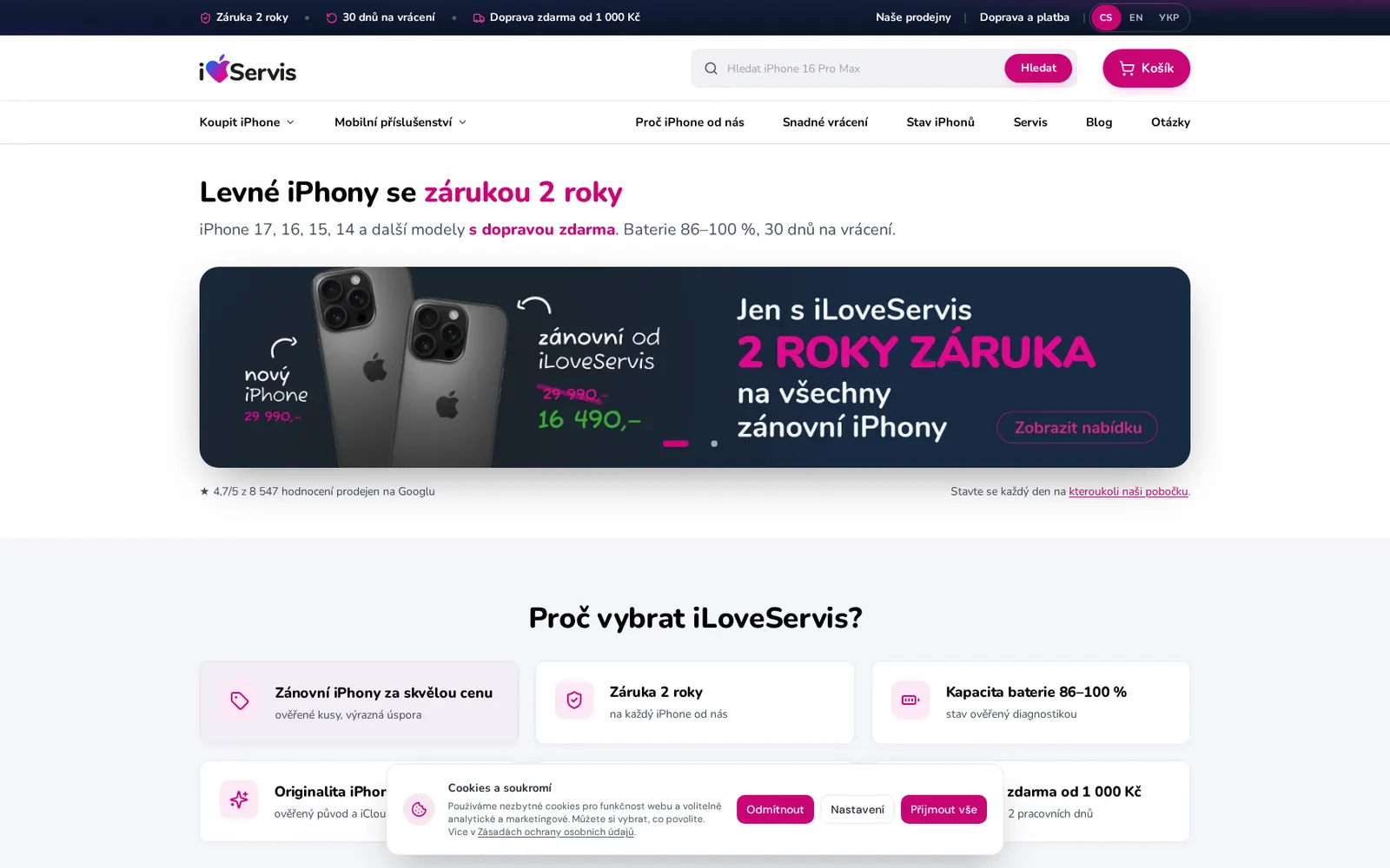 Homepage of the Koupitiphone.cz website